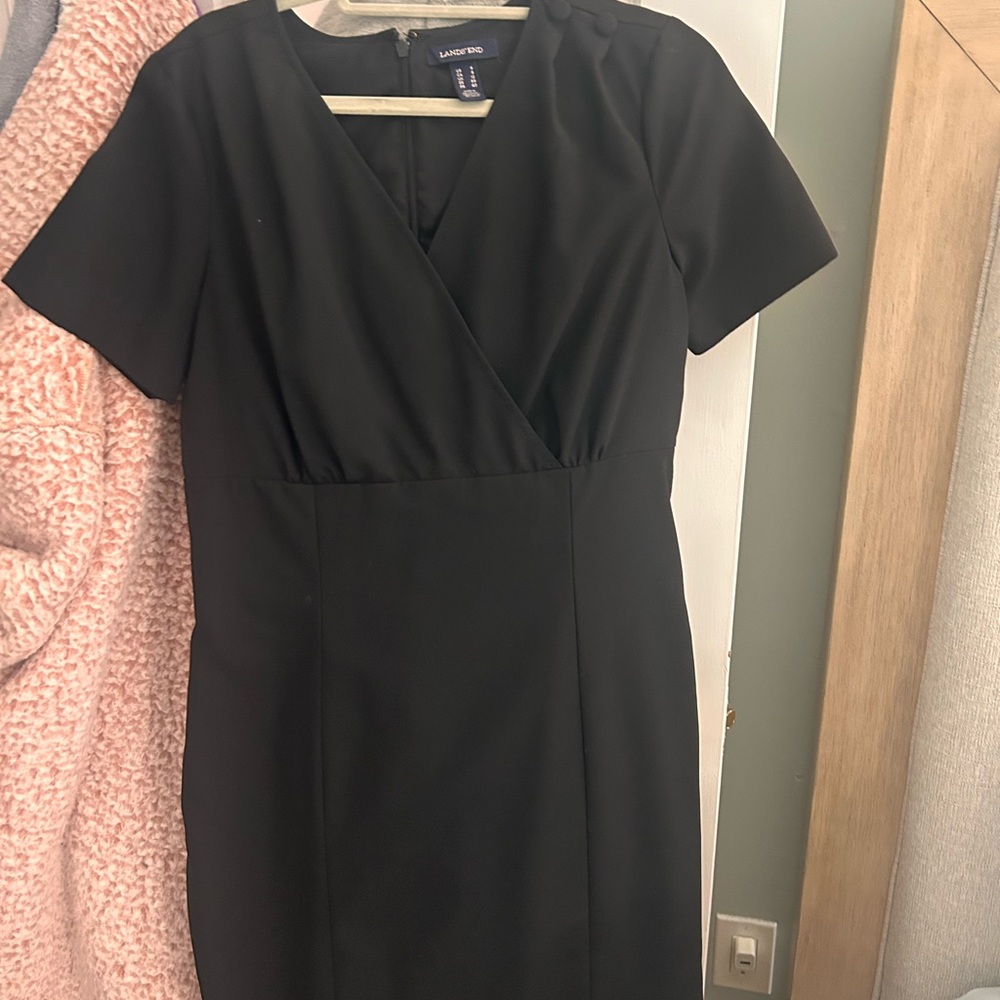 Lands' End Black Short-Sleeve Faux-Wrap Midi Dress